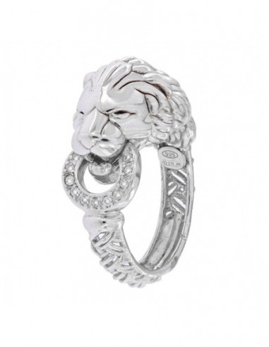 Anello Argento Rodiato Leone Liscio Con Zirconi [877a6985]
