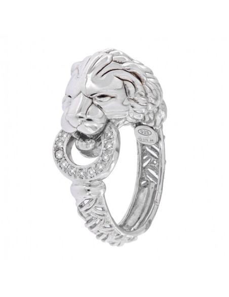 Anello Argento Rodiato Leone Liscio Con Zirconi [877a6985]