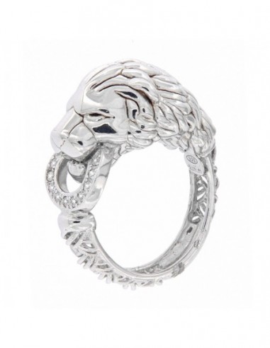 Anello Argento Rodiato Leone Liscio Con Zirconi [c914f32b]