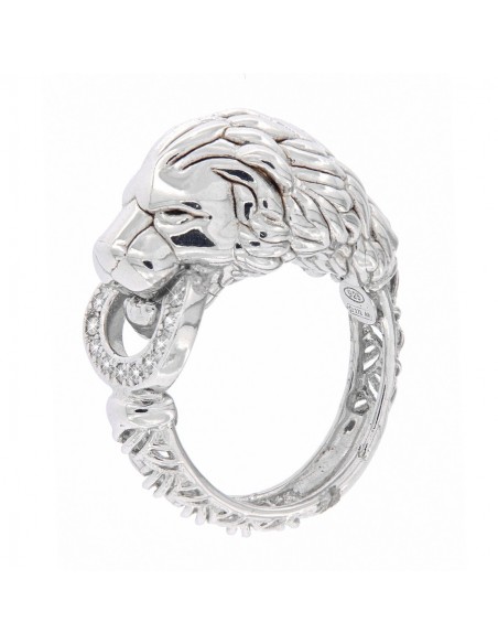 Anello Argento Rodiato Leone Liscio Con Zirconi [c914f32b]