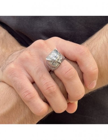 ANELLO ARGENTO BRUNITO GUFO REALE CON CIUFFI [b10ba06d]