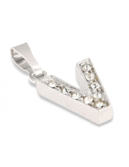 CIONDOLO ARGENTO RODIATO LETTERA V CON ZIRCONI [cb40adac]