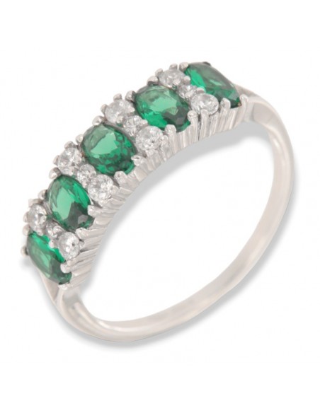 Anello Oro Bianco Riviera Zirconi Verdi Bianchi [021223b1]