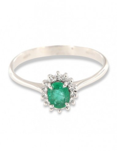 Anello Oro Bianco Principessa Smeraldo 5x4 0,35 Carati e Diamanti 0,08 [de51374b]