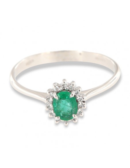 Anello Oro Bianco Principessa Smeraldo 5x4 0,35 Carati e Diamanti 0,08 [de51374b]