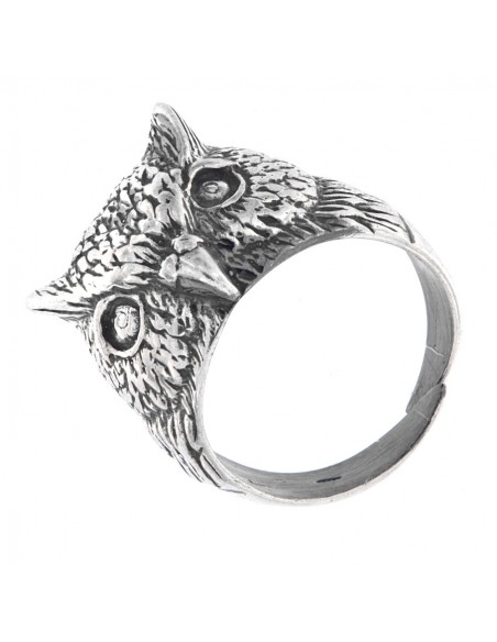 ANELLO ARGENTO BRUNITO GUFO REALE CON CIUFFI [682de360]