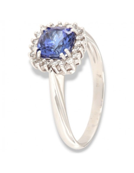 Anello Oro Bianco Principessa Tanzanite Taglio Cuscino 1,15 Diamanti 0,17 [e52bba82]