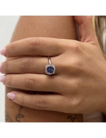 Anello Oro Bianco Principessa Tanzanite Taglio Cuscino 1,15 Diamanti 0,17 [341a4755]