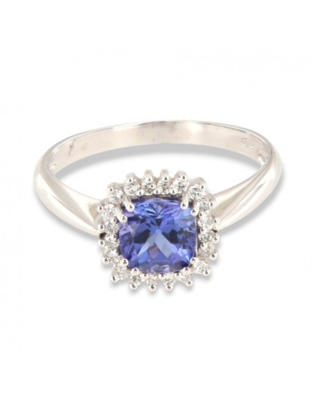 Anello Oro Bianco Principessa Tanzanite Taglio Cuscino 1,15 Diamanti 0,17 [e86c4346]