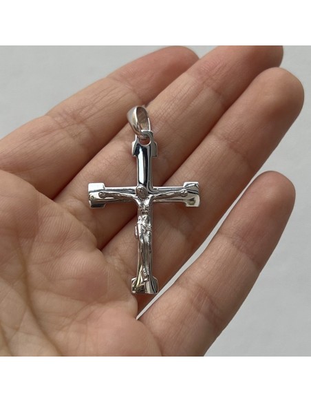 Ciondolo Oro Bianco Croce Gesù Cristo Rilievo 36MM [ed29291b]