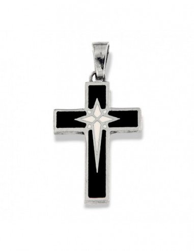 CIONDOLO ARGENTO RODIATO CROCE SMALTATA BLU E CENT [1275bdc6]