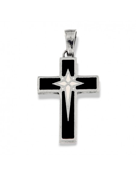 CIONDOLO ARGENTO RODIATO CROCE SMALTATA BLU E CENT [1275bdc6]