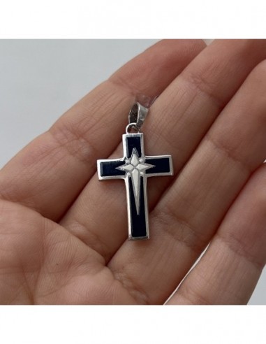 CIONDOLO ARGENTO RODIATO CROCE SMALTATA BLU E CENT [d4079511]