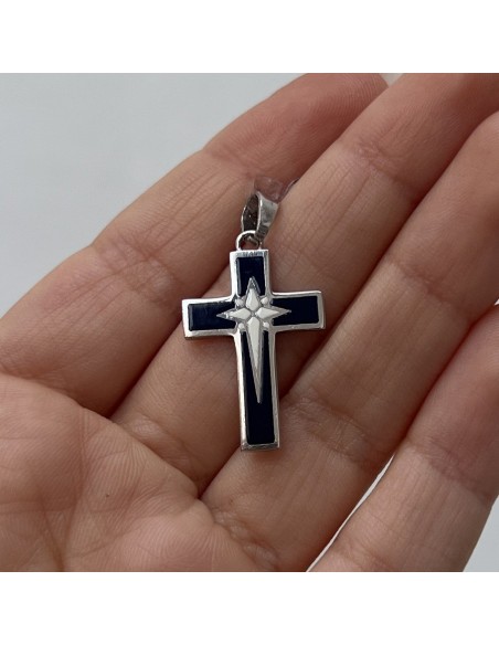 CIONDOLO ARGENTO RODIATO CROCE SMALTATA BLU E CENT [d4079511]