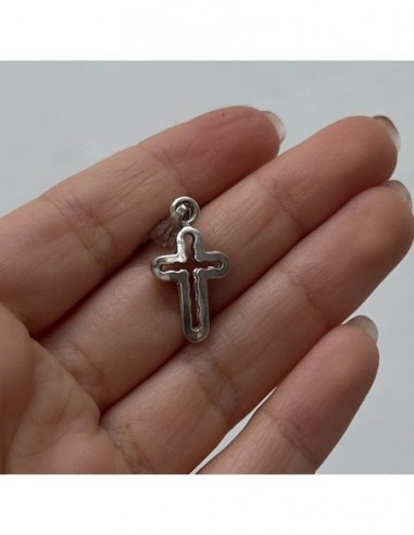 CIONDOLO ARGENTO RODIATO CROCE DOPPIA BOMBATA VUOT [5c7f5295]