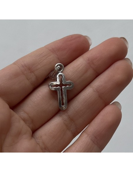 CIONDOLO ARGENTO RODIATO CROCE DOPPIA BOMBATA VUOT [5c7f5295]