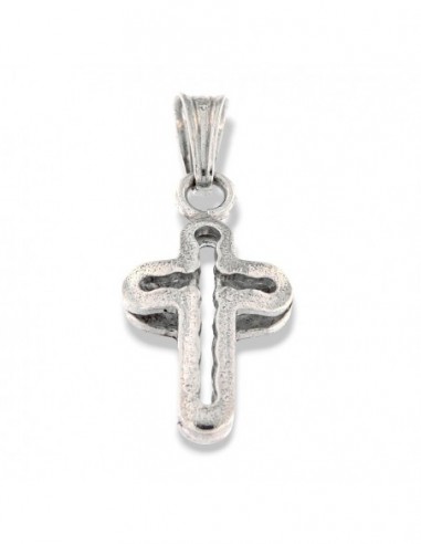 CIONDOLO ARGENTO RODIATO CROCE DOPPIA BOMBATA VUOT [ee32d48f]