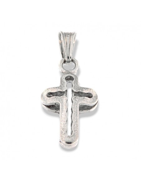 CIONDOLO ARGENTO RODIATO CROCE DOPPIA BOMBATA VUOT [ee32d48f]