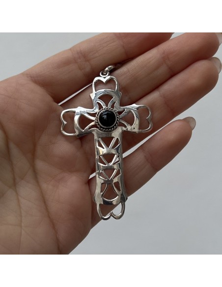 CIONDOLO ARGENTO RODIATO CROCE GRANDE CON ONICE NE [ebc0b9bd]