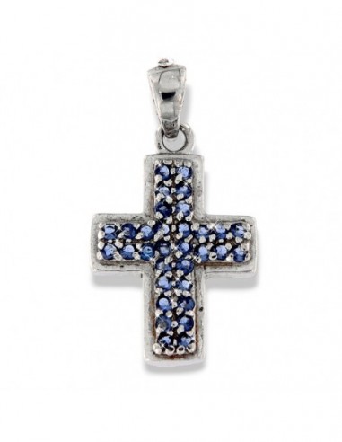 CIONDOLO ARGENTO RODIATO CROCE CON ZIRCONI BLU [9d23d85a]