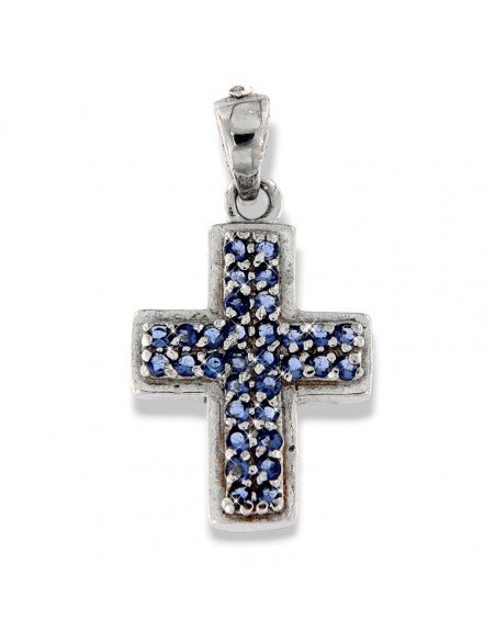 CIONDOLO ARGENTO RODIATO CROCE CON ZIRCONI BLU [9d23d85a]