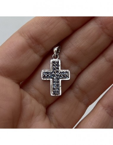 CIONDOLO ARGENTO RODIATO CROCE CON ZIRCONI BLU [588bcba1]