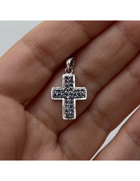 CIONDOLO ARGENTO RODIATO CROCE CON ZIRCONI BLU [588bcba1]