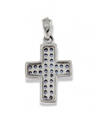CIONDOLO ARGENTO RODIATO CROCE CON ZIRCONI BLU [eac64dbb]
