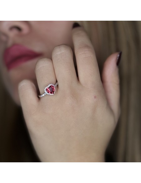 ANELLO ARGENTO RODIATO CUORE ROSSO E ZIRCONI [969a33c8]