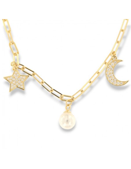 Collana Argento Dorato Ciondoli Sfera Luna Stella [14faccaa]