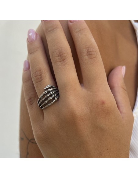 Anello Argento Brunito Mano Con Ossa [0cbf77a5]