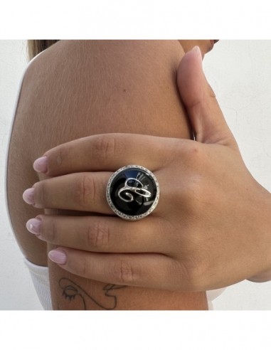 ANELLO ARGENTO CUPOLA NERA SMALTATA INIZIALE C [d00bcdaa]
