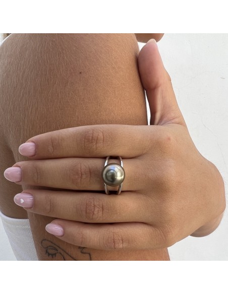 Anello Argento Rodiato Doppia Fascia Perla Grigia [051ddc3f]