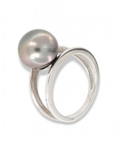 Anello Argento Rodiato Doppia Fascia Perla Grigia [b7505a25]