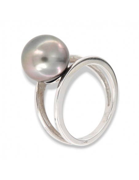 Anello Argento Rodiato Doppia Fascia Perla Grigia [b7505a25]