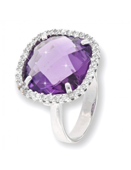 Anello Oro BIanco Ametista 14x14CM Con Zirconi [cc170509]