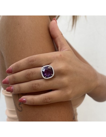 Anello Oro BIanco Ametista 14x14CM Con Zirconi [eeee3096]