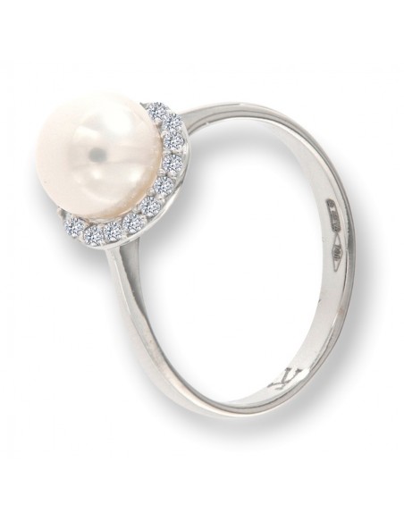 Anello Oro Bianco Perla Liscia Zirconi Bianchi [d563880e]
