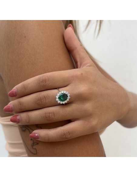 Anello Oro Bianco Principessa Zircone Verde 10x8MM [f739420f]