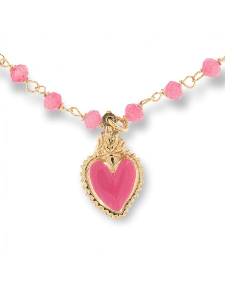 Bracciale Argento Dorato Sfere Magenta Cuore Pend. [3608f32b]