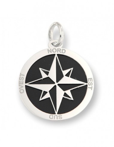 Ciondolo Oro Bianco Piastra Tonda Nera Rosa Venti [0b50e91e]