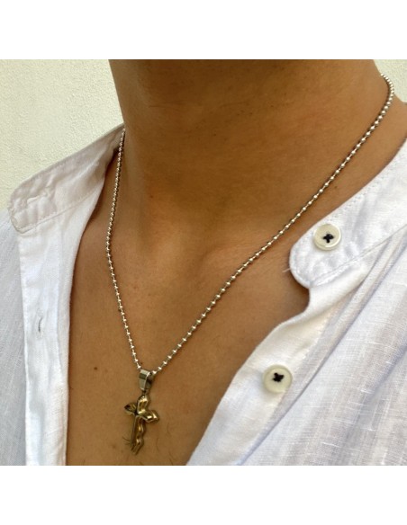 Collana Acciaio Sfere Ciondolo Crocifisso Dorato [8311ac56]