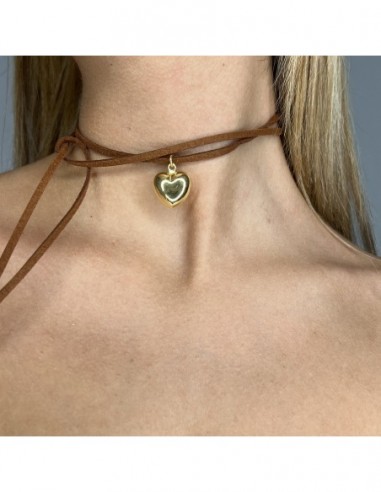 Collana Alcantara Marrone Cuore Argento Dorato [8f465c80]