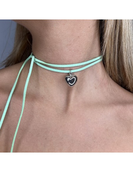 Collana Alcantara Verde Cuore Argento Rodiato [87142c53]