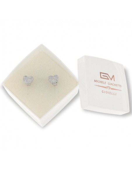 Orecchini Argento Rodiato Cuori Zirconi Bia. Pavè [e16473a9]