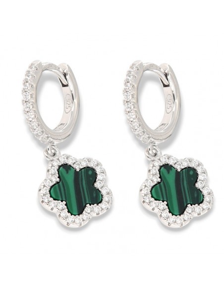 Orecchini Argento Rodiato Cerchi Fiore Verde Pend. [d21ba2e4]