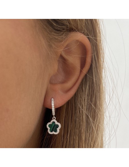 Orecchini Argento Rodiato Cerchi Fiore Verde Pend. [30c95a8b]