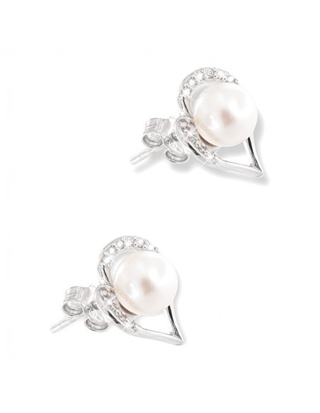 Orecchini Oro Bianco Cuore Con Zirconi E Perla [e64fc05a]