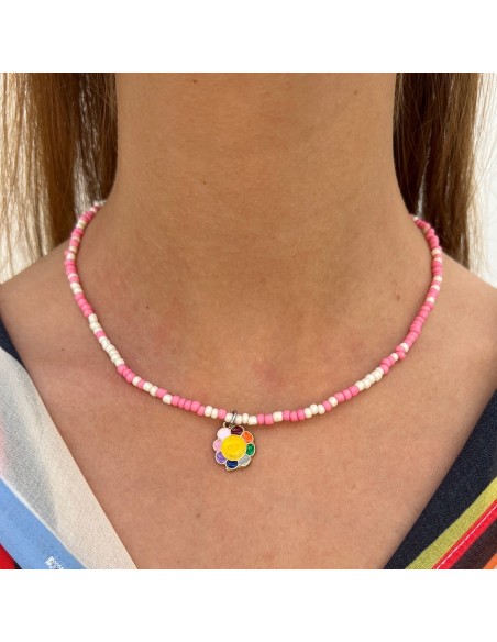 Collana Argento Perline Rosa Bianche Fiore [606a8e82]