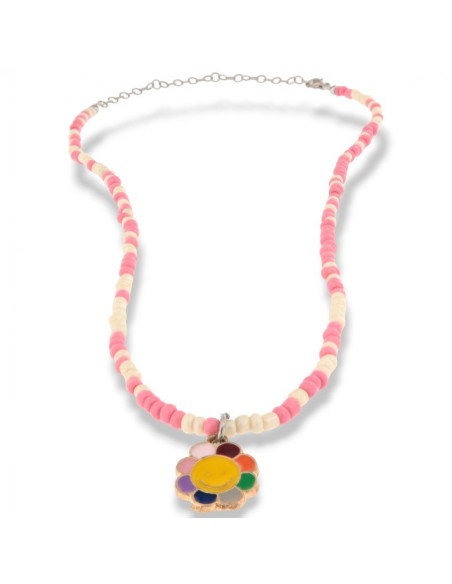 Collana Argento Perline Rosa Bianche Fiore [d7774f86]